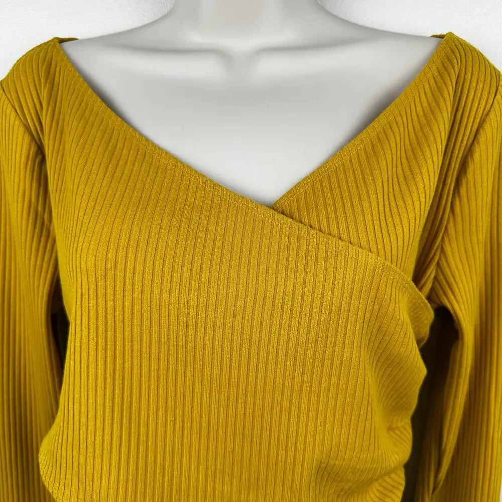 NEW Lovers + Friends Everly Top Ribbed Knit Crop Double V-Neck Mustard Yellow Lg